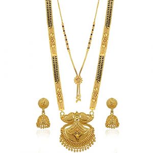Brado Jewellery Traditional Necklace Pendant Gold Plated Hand Meena 30inch Long and 18inch short 2 Inch Earring Combo Of 2 Mangalsutra/Tanmaniya/nallapusalu/Black Beads For Women and Girls