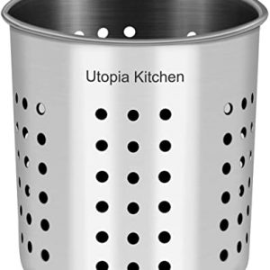 Kitchen Utensil Holder - Utensil Container - Utensil Cock - Flatware Caddy - Brushed Stainless Steel Cookware Cutlery Utensil Holder with Drain Holes - by Utopia Kitchen