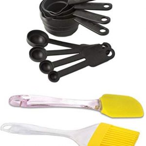 Toxham Popular Combo - 8 Pc Black Measuring Cups and Spoons Set + Silicone Spatula and Pastry Brush