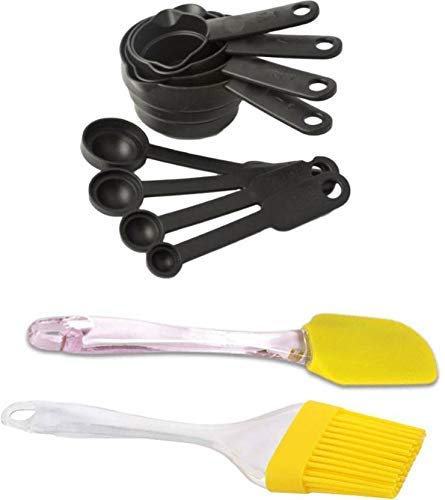 Toxham Popular Combo - 8 Pc Black Measuring Cups and Spoons Set + Silicone Spatula and Pastry Brush