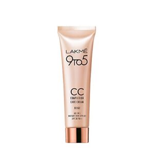 Lakme 9 to 5 CC Cream Mini, 01 - Beige, Light Face Makeup with Natural Coverage, SPF 30 - Tinted Moisturizer to Brighten Skin, Conceal Dark Spots, 9 g
