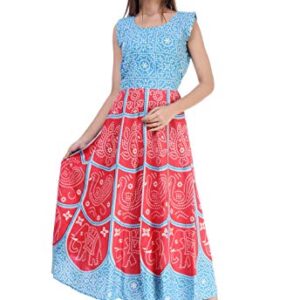 Monique Brand Women's/Girls Cotton Rajasthani Jaipuri Printed Maternity Summer Long Gown Middi Maxi Dress Made in India Product (Free Size_UPTO44XL_MD-CHUNARIHATHI-FJ15_)