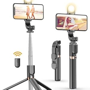 Selfie Stick Tripod with Detachable Wireless Remote, Extendable Selfie Stick Tripod with LED Fill Light, for iPhone 13/13 Pro/12/11/11 Pro/XS Max/XS/XR/X/8/7 and Android Smartphone