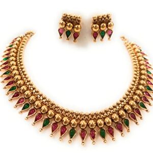 Adyashree Emporium Ruby & Emerald, pearl based mango design Gold plated south Indian Wedding Traditional temple jewellery set. Latest fashion full Combo for Girls (Latest Mohanmala rani haar)