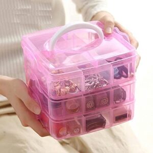 HERLIKE Jewellery Organisers Plastic 3 layer 18 Grid Square Portable Transparent Storage Detachable Box Organizer Case for jewelry sewing button earrings Hair (Pink)